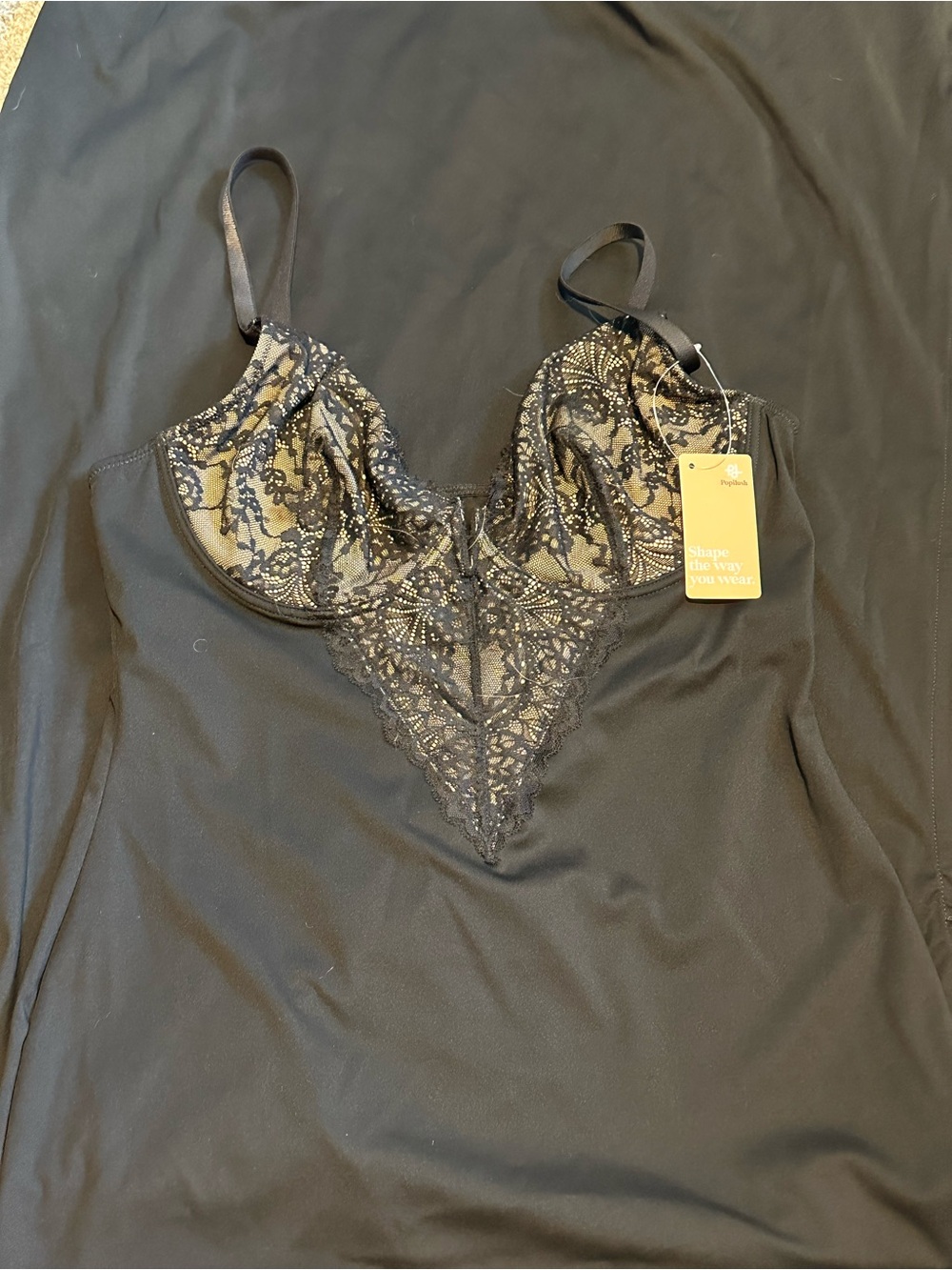 Black Lace-Trim Slip Chemise with Sheer Embroidered Cups